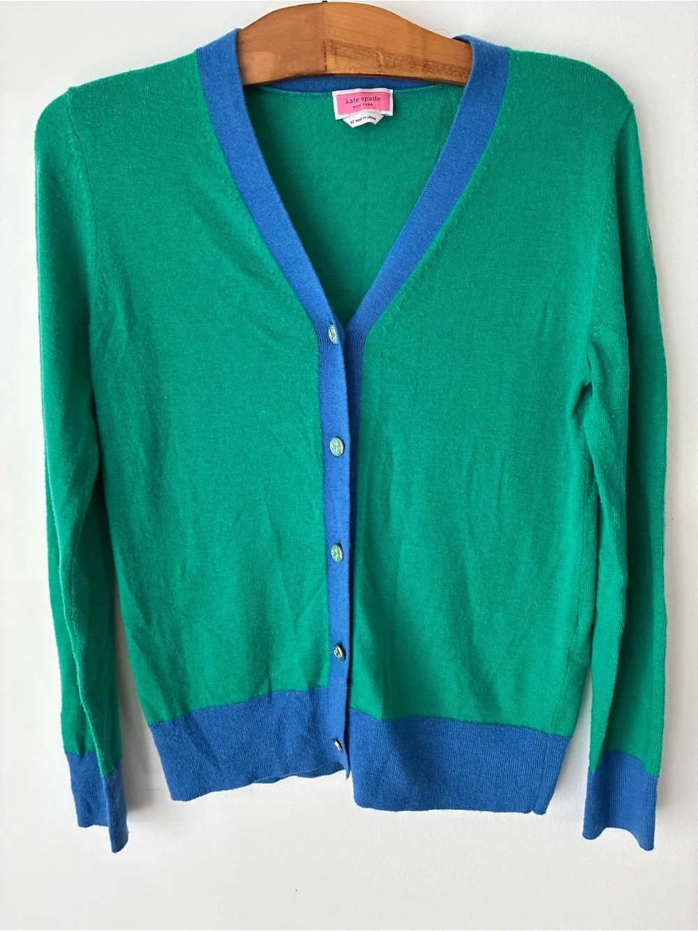 Kate Spade Women’s XS Green and Blue V-Neck Button Wool Cardigan